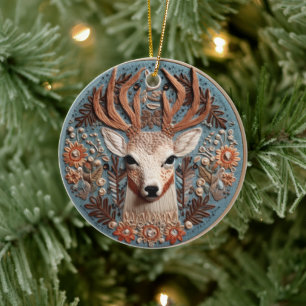 3D Embroidered Look Deer Buck Country Landscape Ceramic Ornament