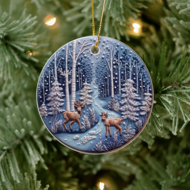 3D Embroidered Look Deer Winter Forest Landscape Ceramic Ornament (Tree)