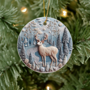 3D Embroidered Look Deer Winter Forest Landscape Ceramic Ornament