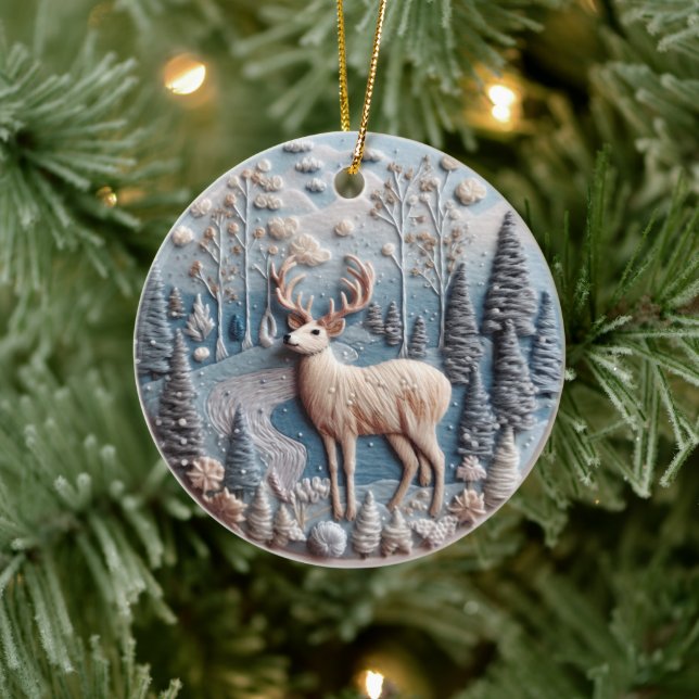 3D Embroidered Look Deer Winter Forest Landscape Ceramic Ornament (Tree)