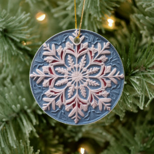 3D Embroidered Look Winter Snowflake Christmas Ceramic Ornament
