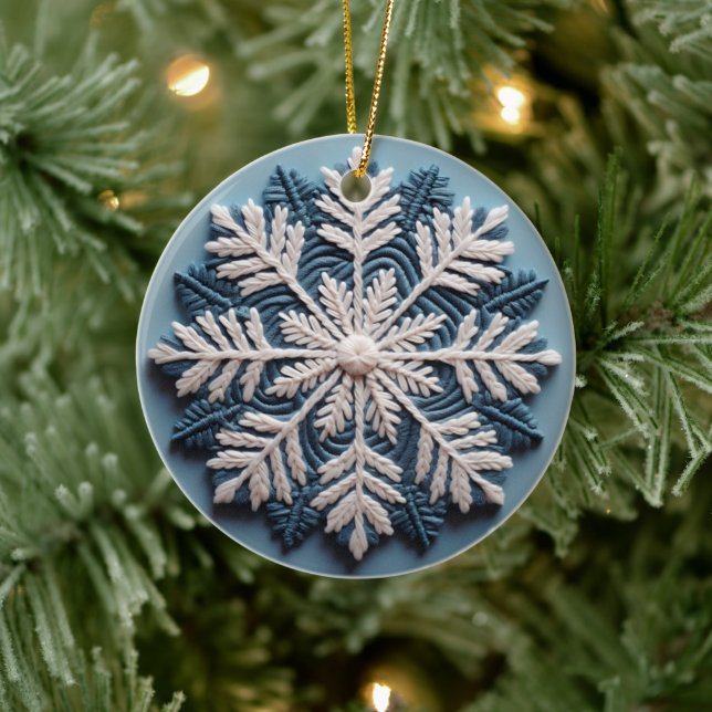 3D Embroidered Look Winter Snowflake Christmas Ceramic Ornament (Tree)