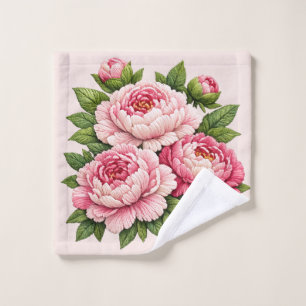 3D Embroidered Peonies Illustration Wash Cloth