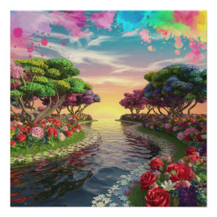 3D Fantasy Sunset Over Serene Lake with Vibrant  Poster