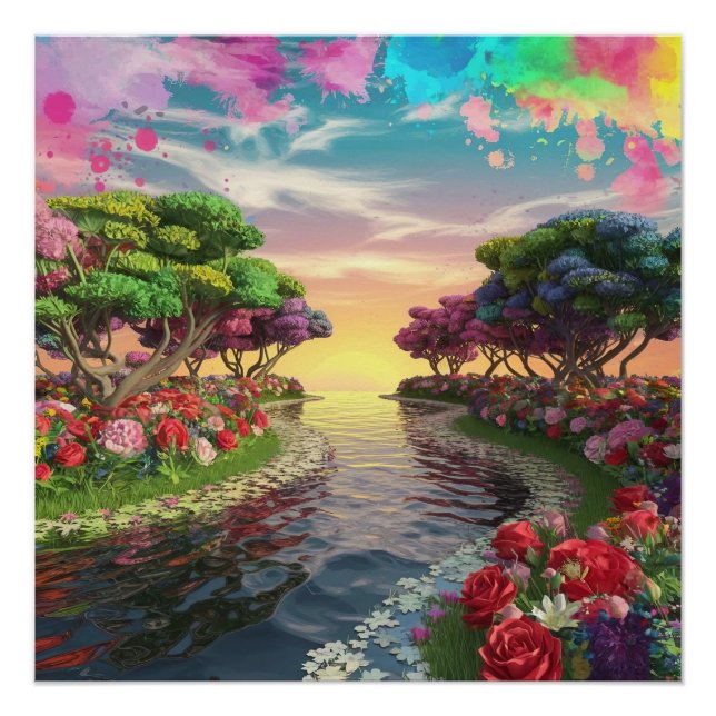 3D Fantasy Sunset Over Serene Lake with Vibrant  Poster (Front)