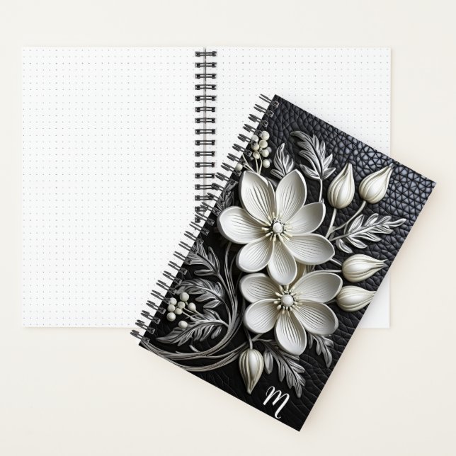 3D  floral embossed black leather look monogram Notebook (Inside)
