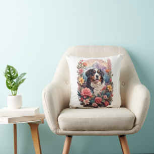 3D Floral Fantasy Bernese Mountain Dog Birds View Cushion