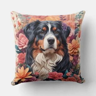 3D Floral Fantasy Bernese Mountain Dog Birds View Cushion