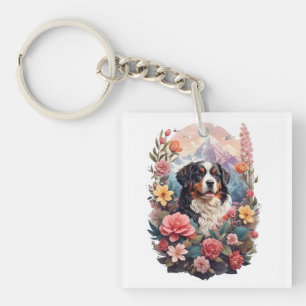 3D Floral Fantasy Bernese Mountain Dog Birds View Key Ring