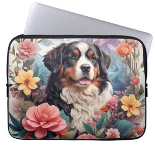 3D Floral Fantasy Bernese Mountain Dog Birds View Laptop Sleeve