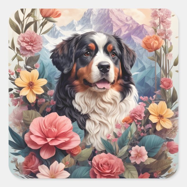3D Floral Fantasy Bernese Mountain Dog Birds View Square Sticker (Front)