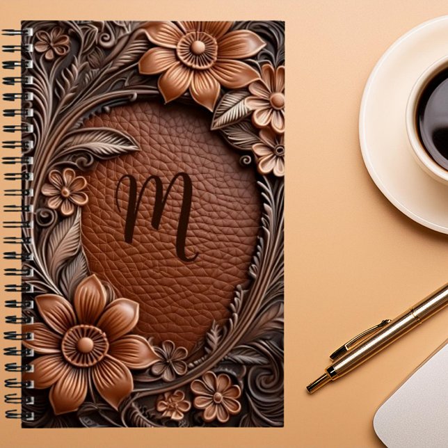 3d Floral frame embossed leather look monogram Notebook (Creator Uploaded)