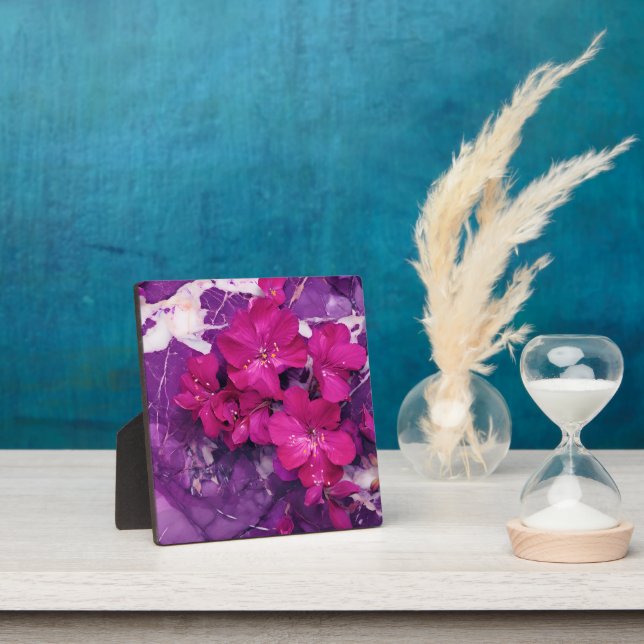 3D Floral Fuchsia & Purple Marble Art Plaque (Insitu)