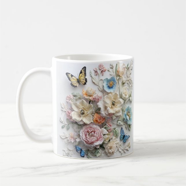  3d Floral Pattern With Vibrant Butterflies Coffee Mug (Left)