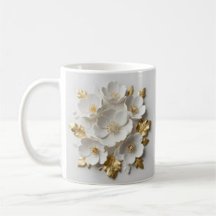 3d floral sculpted white flowers and gold leaves coffee mug