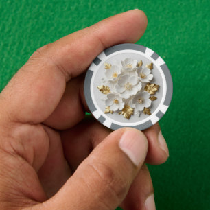 3d floral sculpted white flowers and gold leaves poker chips