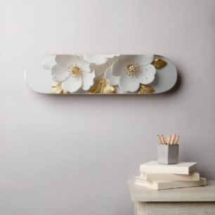 3d floral sculpted white flowers and gold leaves skateboard