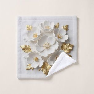 3d floral sculpted white flowers and gold leaves wash cloth