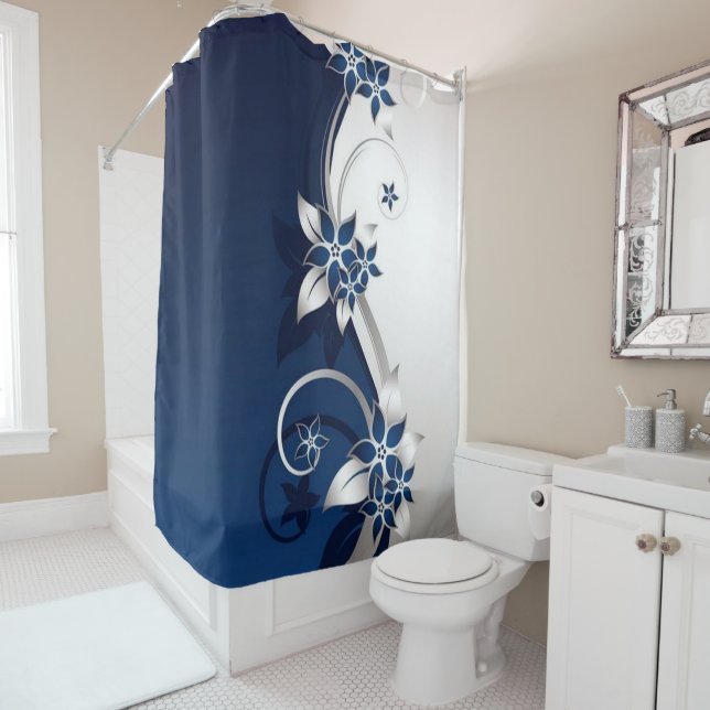 3D flowers blue and white  Shower Curtain (In Situ)