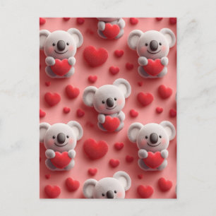 3D Fluffy Koala and Heart Seamless Pattern Postcard
