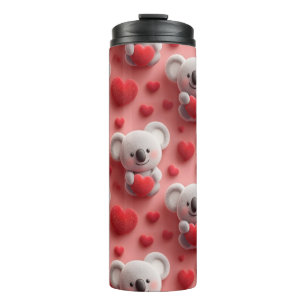 3D Fluffy Koala and Heart Seamless Pattern Thermal Tumbler