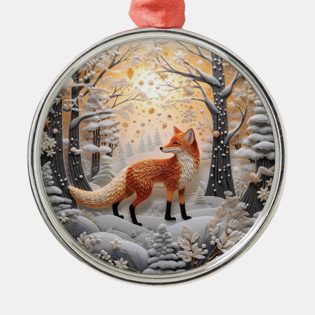 3D Fox in Winter Wonderland Christmas Metal Ornament (Front)