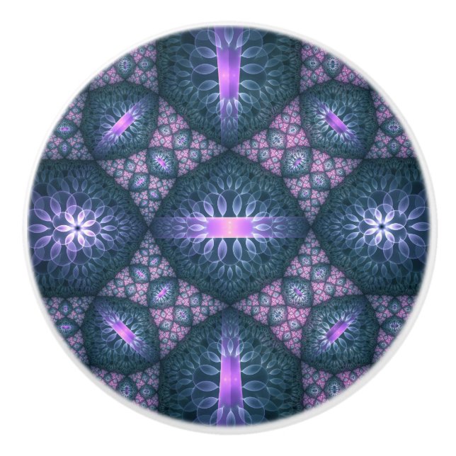 3D Fractal Art Pattern Turquoise Purple Pink Ceramic Knob (Front)