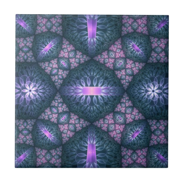3D Fractal Art Pattern Turquoise Purple Pink Ceramic Tile (Front)