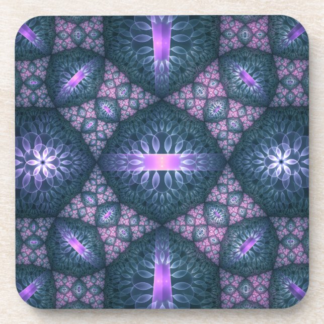 3D Fractal Art Pattern Turquoise Purple Pink Coaster (Front)