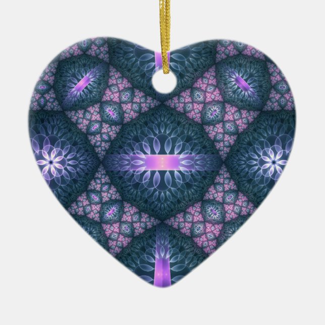 3D Fractal Art Pattern Turquoise Purple Pink Heart Ceramic Ornament (Front)