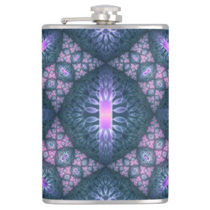 3D Fractal Art Pattern Turquoise Purple Pink Hip Flask