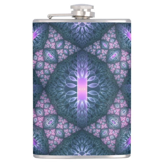 3D Fractal Art Pattern Turquoise Purple Pink Hip Flask (Front)