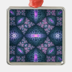3D Fractal Art Pattern Turquoise Purple Pink Metal Ornament