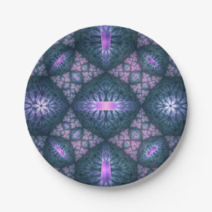 3D Fractal Art Pattern Turquoise Purple Pink Paper Plate