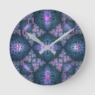 3D Fractal Art Pattern Turquoise Purple Pink Round Clock