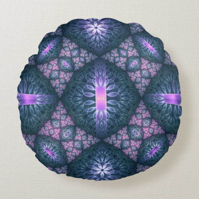 3D Fractal Art Pattern Turquoise Purple Pink Round Cushion (Front)
