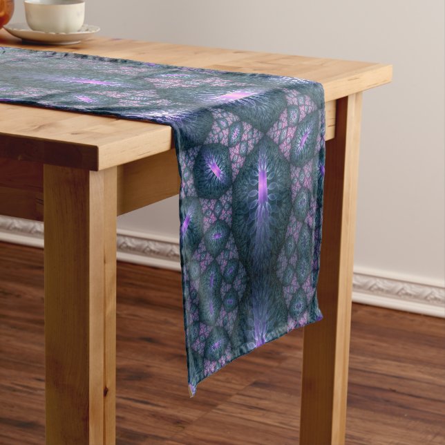 3D Fractal Art Pattern Turquoise Purple Pink Short Table Runner (In Situ)