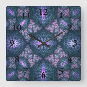 3D Fractal Art Pattern Turquoise Purple Pink Square Wall Clock
