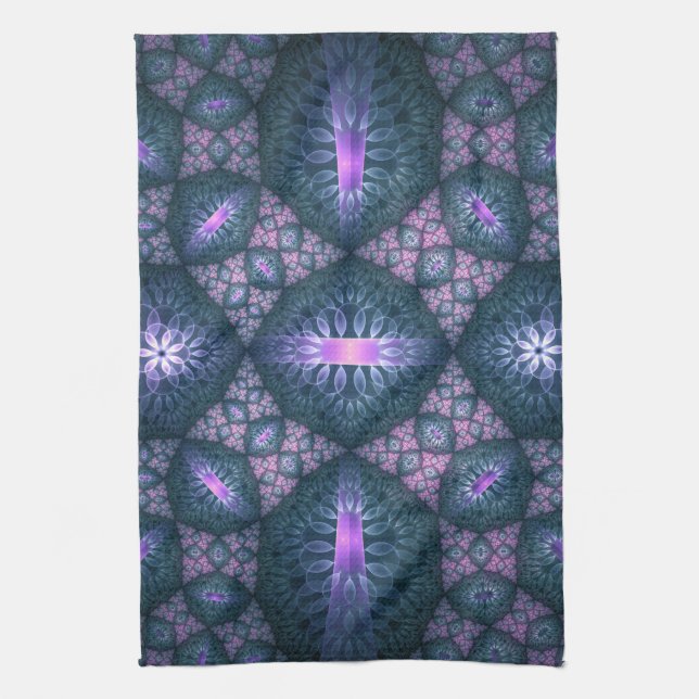3D Fractal Art Pattern Turquoise Purple Pink Tea Towel (Vertical)
