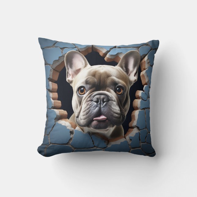 3D French Bulldog Cracked Hole Blue Wall Cushion (Front)