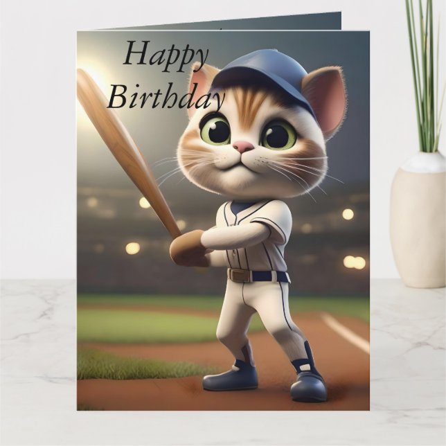 3D Funny Baseball Cat, Big Birthday Card (Front)