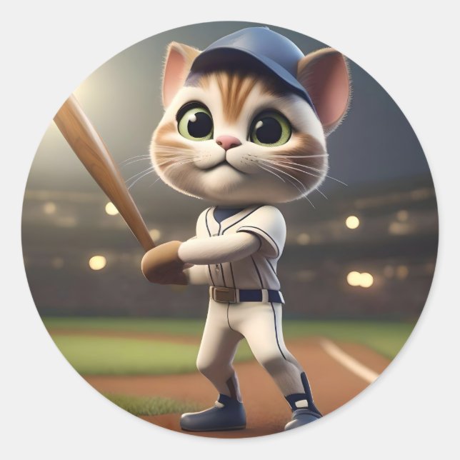 3D Funny Baseball Cat, Classic Round Sticker (Front)