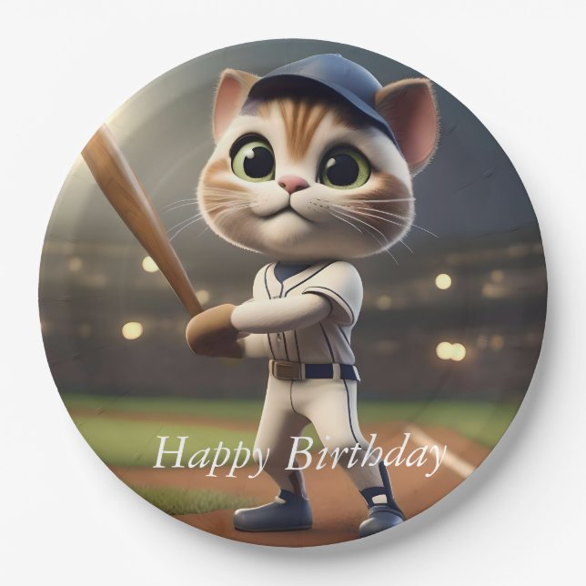 3D Funny Baseball Cat, Paper Plate (Front)