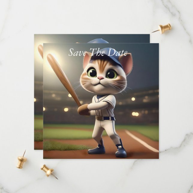 3D Funny Baseball Cat, Save The Date (Front/Back In Situ)