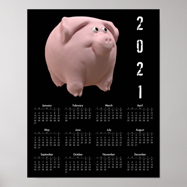 3D Funny Pig 2 Black Calendar Poster 2021 (Front)