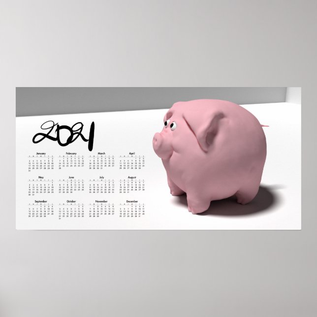 3D Funny Pig 3 Calendar Poster 2021 28x14 (Front)