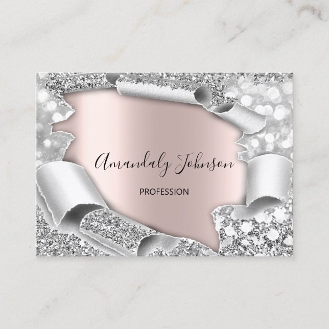 3D Glitter Makeup Event Hairdresser ROSE Silver Business Card (Front)
