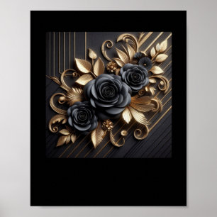3d Gold Black Roses #7 Sticker Poster