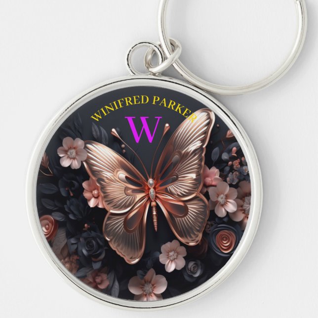 3D Gold Butterflies Elegant Purple Custom Monogram Key Ring (Front)