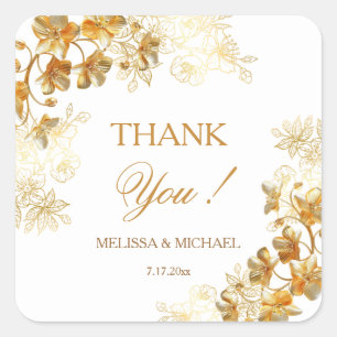 3D Gold Flowers Wedding Thank You Square Sticker